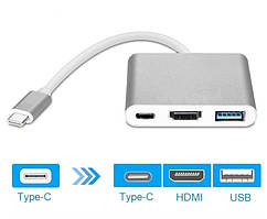 Переходник адаптер 3 в 1 USB Type-C - HDMI / USB 3.0 / USB Type-C Silver (6249) дубл