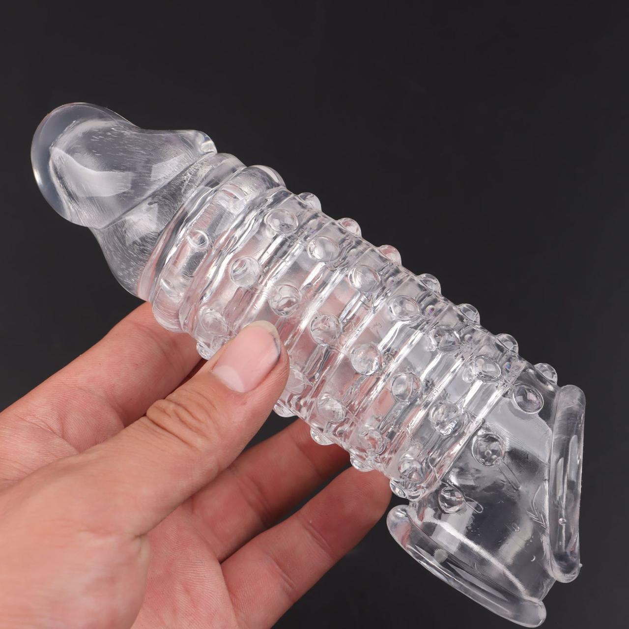 Прозора насадка на пеніс із шипами, що збільшує насадка на член, багаторазовий презерватив - 17,5 см, фото 1