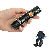 Комплект: Лед фонарик ручной "X-Balog BL-616-T6" USB Черный + крепление для фонарика на велосипед дубл