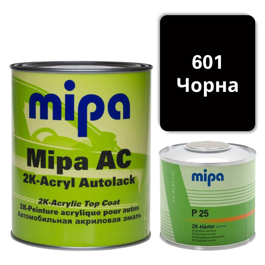 601 Чорна Акрилова авто фарба Mipa 1 л + затверджувач P25 0.5 л, фото 1