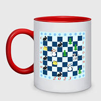 Чашка с принтом двухцветная «Новогодняя шахматная доска с кроликами и снеговиком» (цвет чашки на выбор)