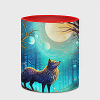Чашка с принтом «Волк в ночном лесу в folk art стиле» (цвет чашки на выбор)
