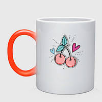 Чашка с принтом хамелеон «Вишня и сердечки» (цвет чашки на выбор)