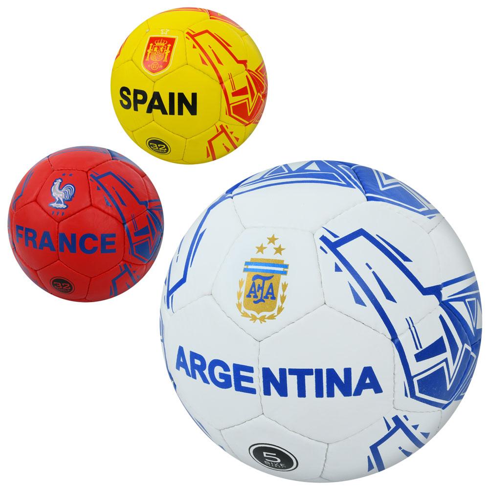 М'яч футбольний 2500-276 (30шт) розмір5,ПУ1,4мм,ручна робота, 32панелі, 400-420г, 3види(країни), в пакеті