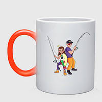 Чашка з принтом хамелеон «Дівчина та хлопець на риболовлі» (колір чашки на вибір)