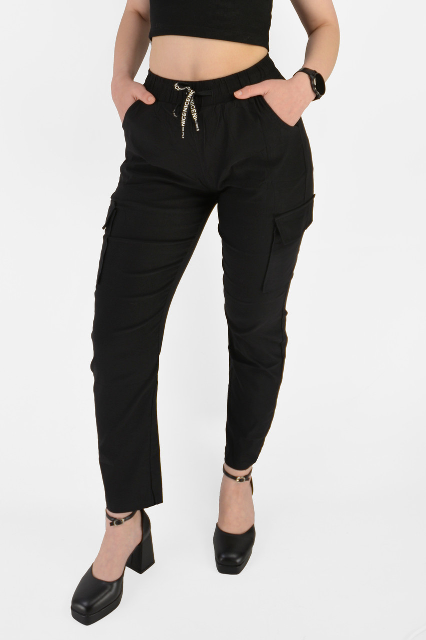Штани жіночі стрейч-котон із накладними кишенями (Угорщина) Штани карго Чорний колір M