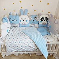 Набор постельного белья в детскую кроватку. Бортики зверята, одеяло + пододеяльник, простынь, подушка.