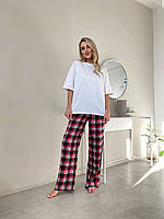 Комфортная пижама (брюки свободного кроя+футболка с коротким рукавом) красный в клетку+белый GDS