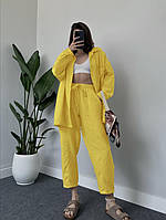 Яркий летний брючный костюм свободного кроя (удлиненная рубашка+комфортные брюки) лимон GDS