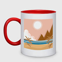 Чашка с принтом двухцветная «Летний пейзаж, пальма на берегу реки» (цвет чашки на выбор)