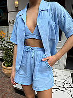 Голубой женский легкий летний муслиновый костюм-тройка: Шорты с карманами, Рубашка и Топ-лиф
