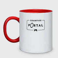 Чашка с принтом двухцветная «Portal gaming champion: рамка с лого и джойстиком» (цвет чашки на выбор)