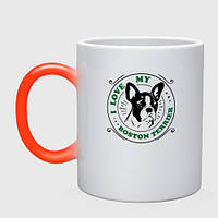 Чашка с принтом хамелеон «I love Boston terrier» (цвет чашки на выбор)