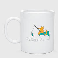 Чашка с принтом керамическая «Кот-рыбак с уловом»