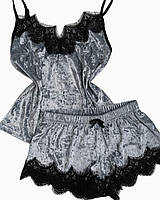 Женский комплект майка и шорты, домашняя одежда, пижама из мраморного велюра серая s