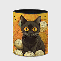 Чашка с принтом «Черный кот запутался в клубках: арт нейросети» (цвет чашки на выбор)