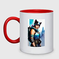 Чашка з принтом  двоколірна «Cat girl — Cyberpunk — New York» (колір чашки на вибір)