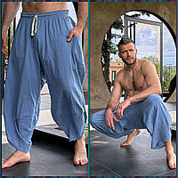 Легкие льняные мужские штаны алладины синего цвета для йоги и медитаций.