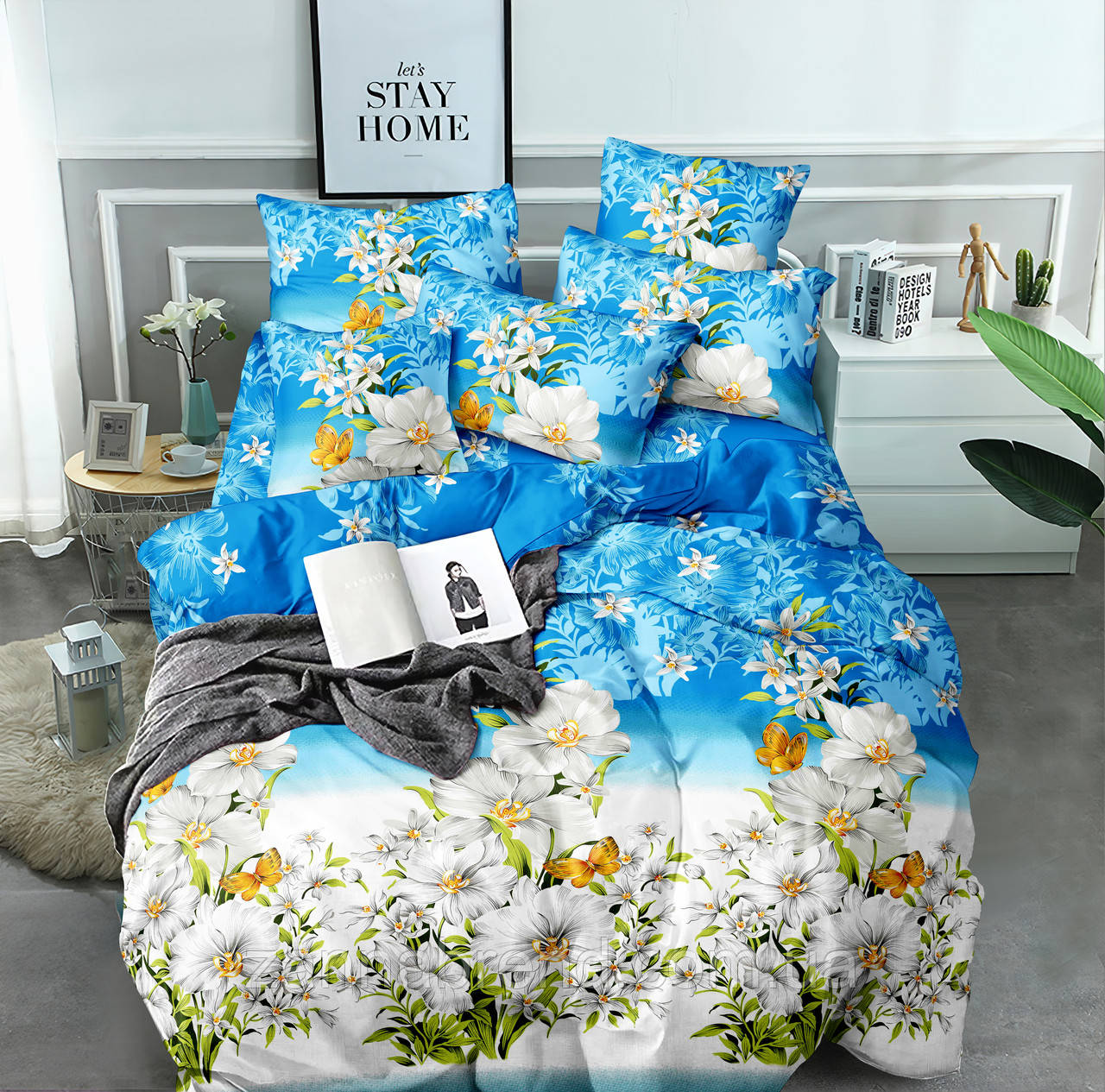 Постільна тканина Бязь "Gold" Lux колір біло-блакитний "Квіткова різноманітність"
