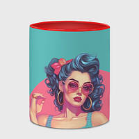 Чашка с принтом «Девушка пин-ап в круглых очках: розовый круг» (цвет чашки на выбор)