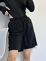 Женские стильные базовые летние тканевые шорты пояс на резинке с карманами с высокой посадкой  42-46 Черный