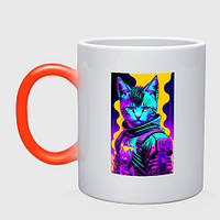 Чашка с принтом хамелеон «Прикольный неоновый котёнок - Киберпанк» (цвет чашки на выбор)