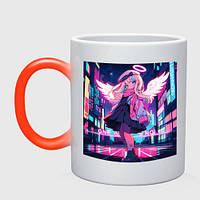 Чашка с принтом хамелеон «Милая аниме девочка-ангел на фоне неонового города» (цвет чашки на выбор)