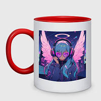 Чашка с принтом двухцветная «Милая аниме девочка-ангел в больших неоновых наушниках» (цвет чашки на выбор)