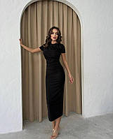 Женское длинное платье в обтяжку стильное модное подчеркивает фигуру короткий рукав черный, темно-синий