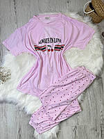 Розовая женская пижама футболка и брюки с вискозы пижамный костюм Sensey Рожева жіноча піжама футболка і штани