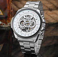 Чоловічий наручний годинник Winner механічний сталевий годинник механіка Білий Sensey