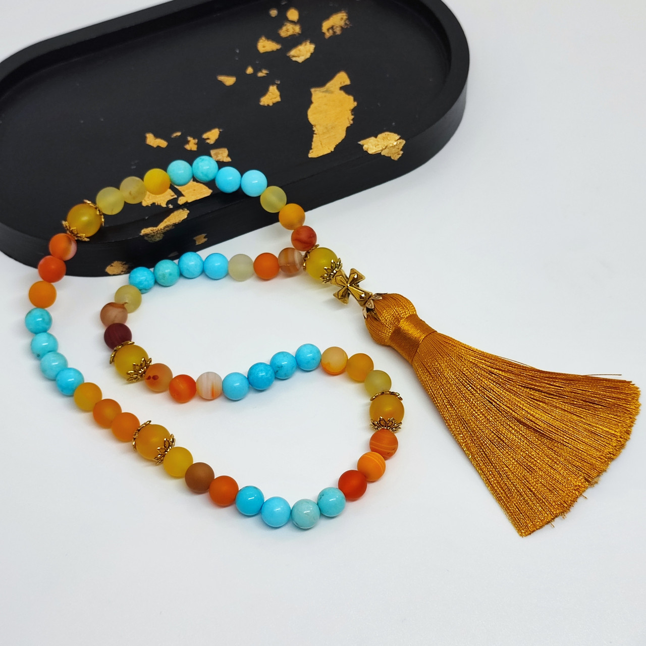 Чотки з натурального каміння жовтий агат і бірюза на 50 бусин, фото 1