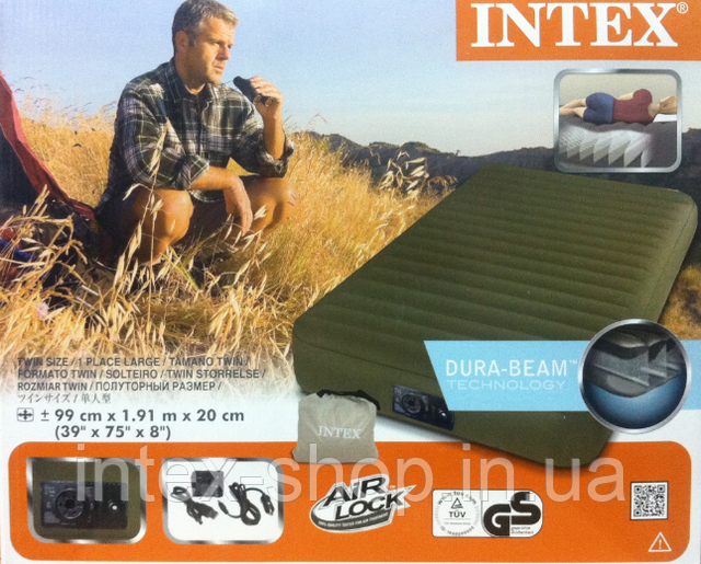 Туристический односпальный надувной матрас Intex 68727 Super-Tough Airbed + встроенный аккумуляторный насос