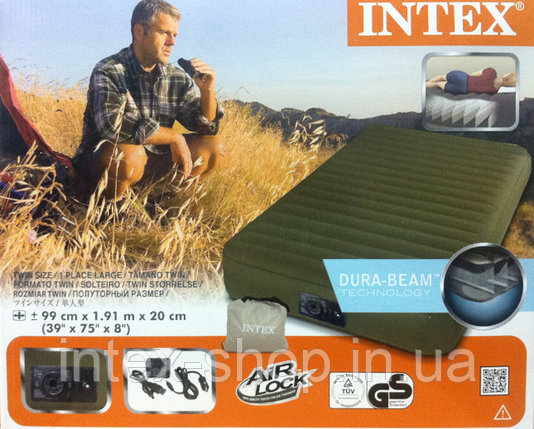 Туристический односпальный надувной матрас Intex 68727 Super-Tough Airbed + встроенный аккумуляторный насос, фото 2