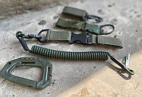 Набор тактических карабинов на стропе олива / Комплект карабины+держатель для бутылки+страховой шнур тренчик