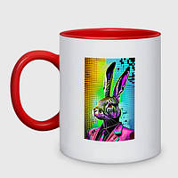 Чашка с принтом двухцветная «Модный заяц в розовом прикиде» (цвет чашки на выбор)