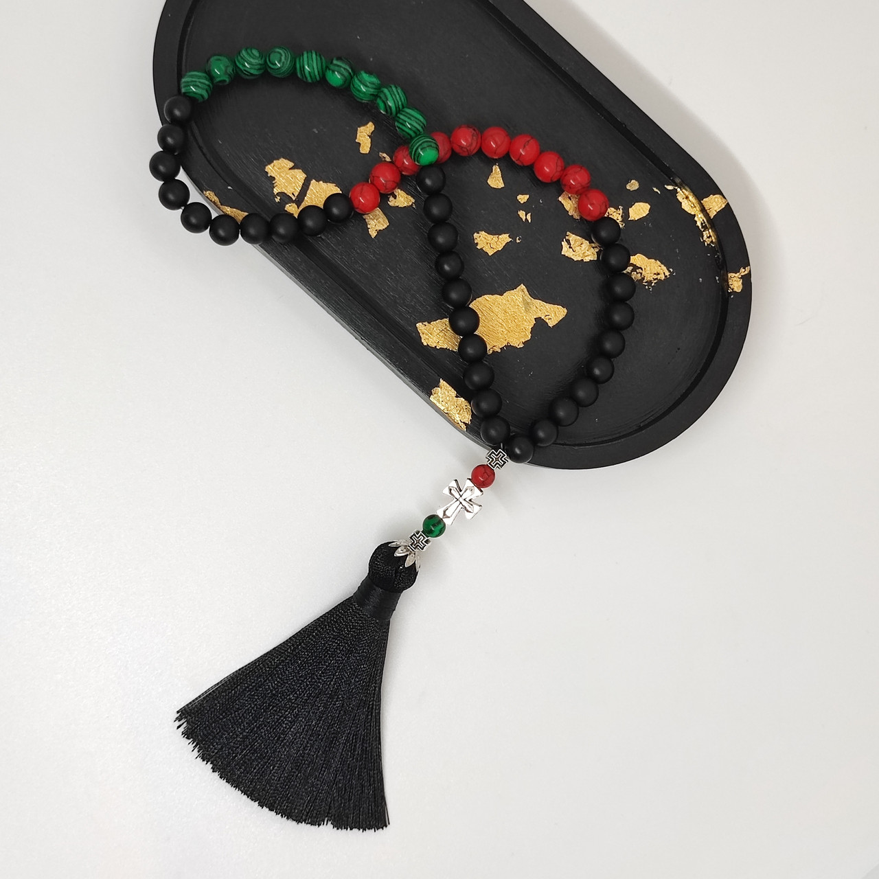 Четки з натурального каміння говліту, малахіт і онікс на 50 бусин, фото 1