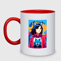Чашка с принтом двухцветная «Девочка-волчонок - фурри - аниме» (цвет чашки на выбор)