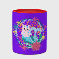 Чашка с принтом «Розовый кот русалка с кораллами» (цвет чашки на выбор)