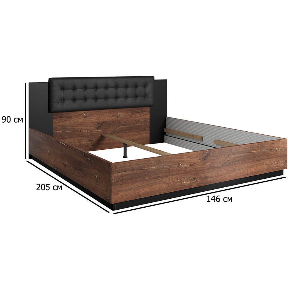 Полуторне ліжко Sigma 140х200 см дуб флагшток мідна нитка та чорний супермат з м'яким узголів'ям, фото 1