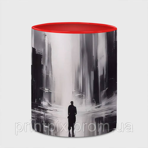 Чашка з принтом  «Велике похмуре місто з силуетом людини» (колір чашки на вибір)