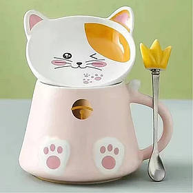 Чашка керамічна з кришкою і ложкою "Кітка принцеса", 300мл (Кружка для дітей)