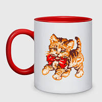 Чашка с принтом двухцветная «Милый котенок с бантом вышивной эффект» (цвет чашки на выбор)