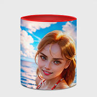 Чашка с принтом «Девушка в красно-белом купальнике на море» (цвет чашки на выбор)