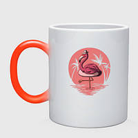 Чашка с принтом хамелеон «Розовый фламинго в очках и шляпе» (цвет чашки на выбор)