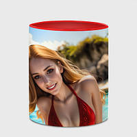 Чашка с принтом «Девушка в красном купальнике на тропическом каменистом острове» (цвет