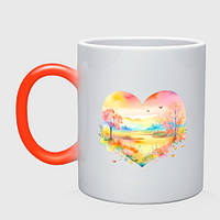 Чашка с принтом хамелеон «Акварельный пейзаж в сердечке - нейросеть» (цвет чашки на выбор)