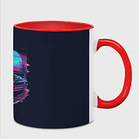 Чашка с принтом «Пальмы и гоночная машина в пурпурном свечении» (цвет чашки на выбор)