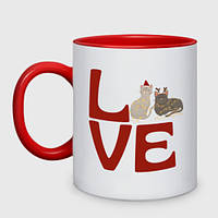 Чашка с принтом двухцветная «Новогодние кошки - любовь» (цвет чашки на выбор)