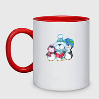Чашка с принтом двухцветная «Семья пингвинов новый год» (цвет чашки на выбор)